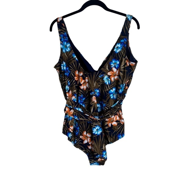 NWT Lands' End Deep Sea Navy Tropic Palm Wrap Style One Piece size 18 - Picture 2 of 6